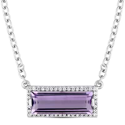 Miadora Sterling Silver Baguette-Cut African-Amethyst and Round-Cut White Sapphire Halo Necklace - Purple