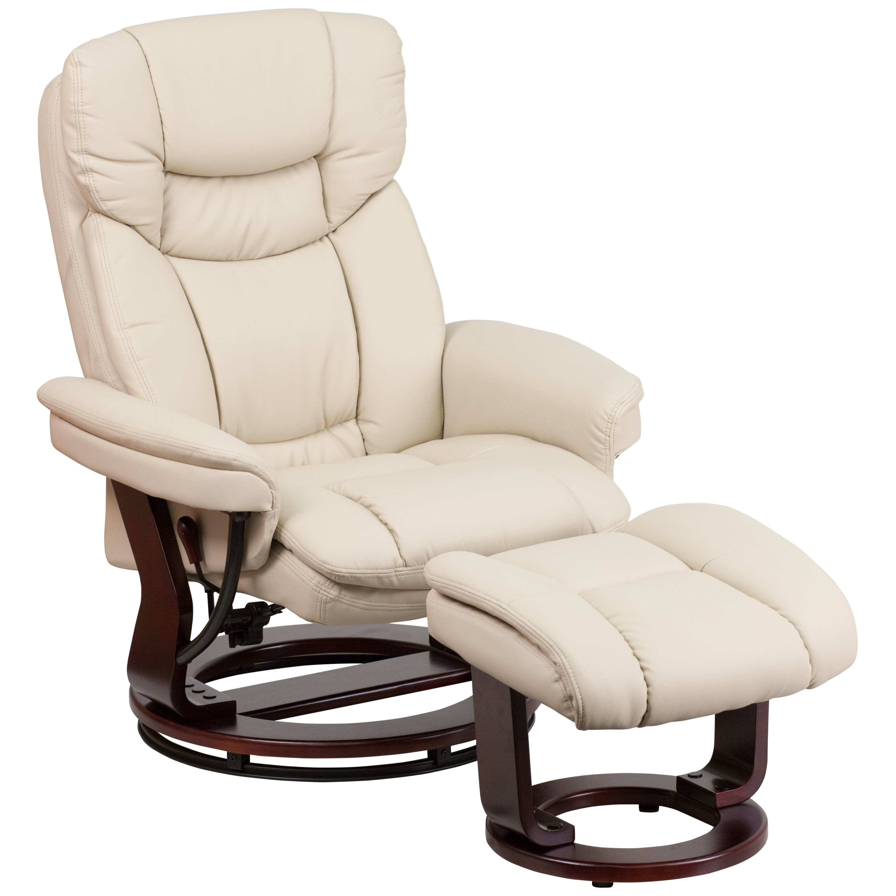 Shop Boronia Beige Leather and Mahogany Wood Swivel Recliner and Ottoman Set Free Shipping