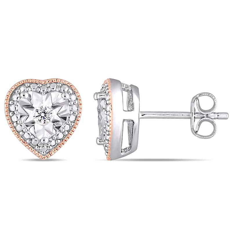 Miadora 2-Tone Rose Plated and White Sterling Silver 1/10ct TDW Diamond Heart-Halo Stud Earrings