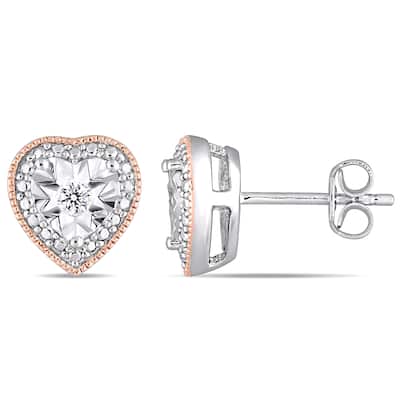 Miadora 2-Tone Rose Plated and White Sterling Silver 1/10ct TDW Diamond Heart-Halo Stud Earrings