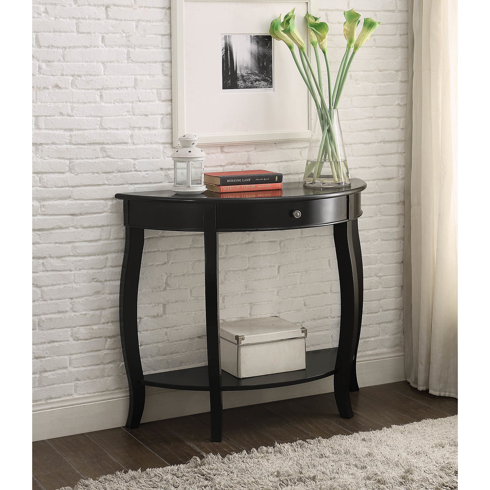 Shop Yvonne Half Moon Console Table With Drawer In Antique Black