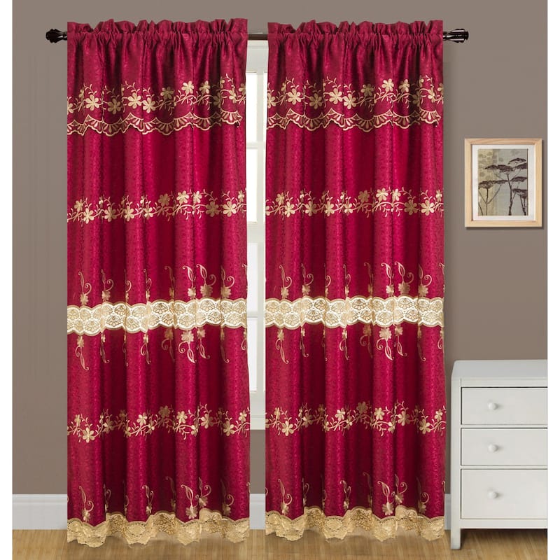 Alisa 84-inch Macrame Rod Pocket Curtain Panel with Attached 18-inch Valance - Burgundy
