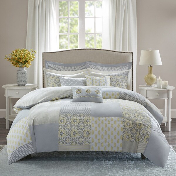 Madison Park Cosette Grey and Yellow 9 Piece Cotton Percale Duvet Cover Set