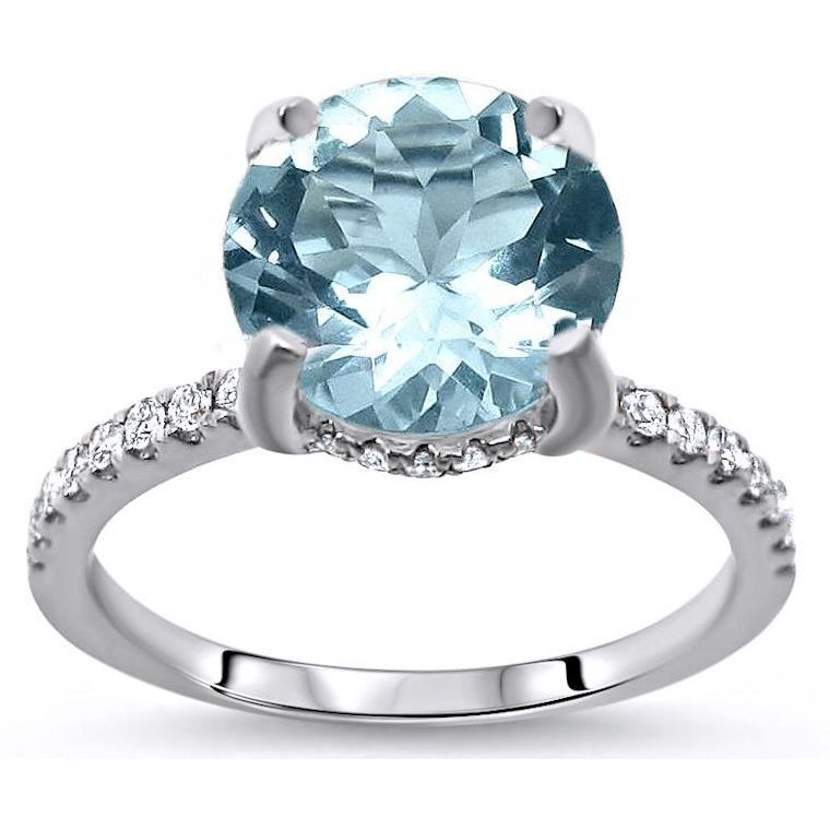 Sparkling 14K Rose Gold Plated 7 MM Round Cut Blue Aquamarine Wedding Engagement Ring-Halo Ring