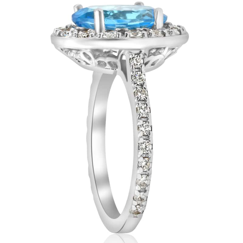 14k White Gold 4 cttw Blue Topaz Diamond Halo Vintage Ring Engagement (I-J,I2-I3)