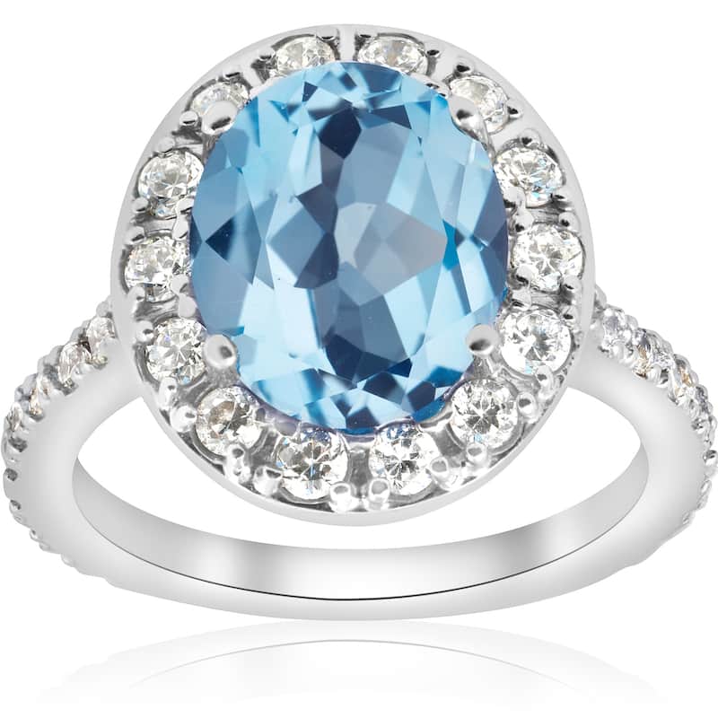 14k White Gold 4 cttw Blue Topaz Diamond Halo Vintage Ring Engagement (I-J,I2-I3)
