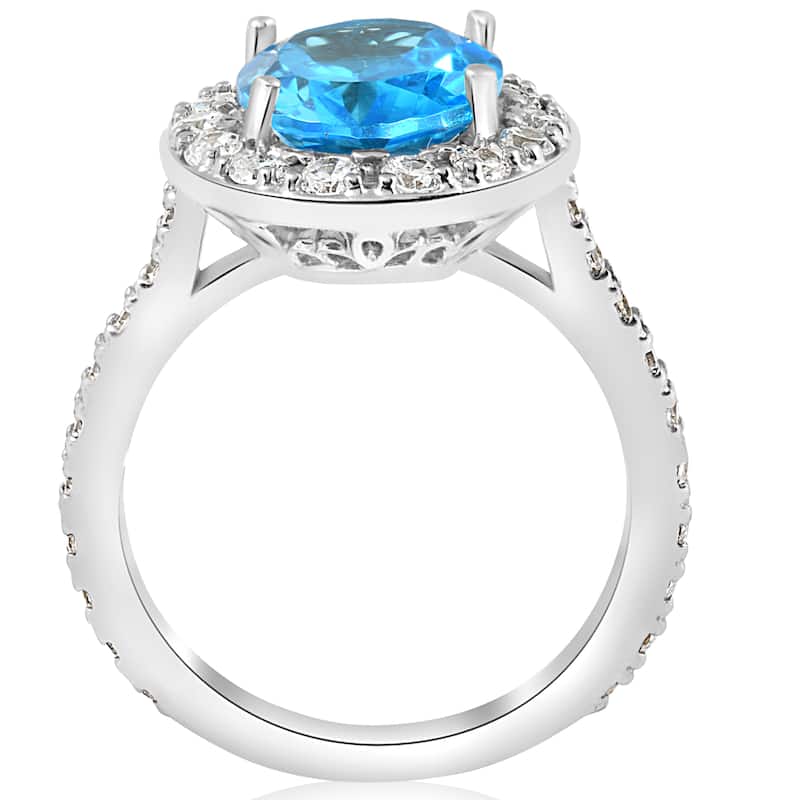 14k White Gold 4 cttw Blue Topaz Diamond Halo Vintage Ring Engagement (I-J,I2-I3)