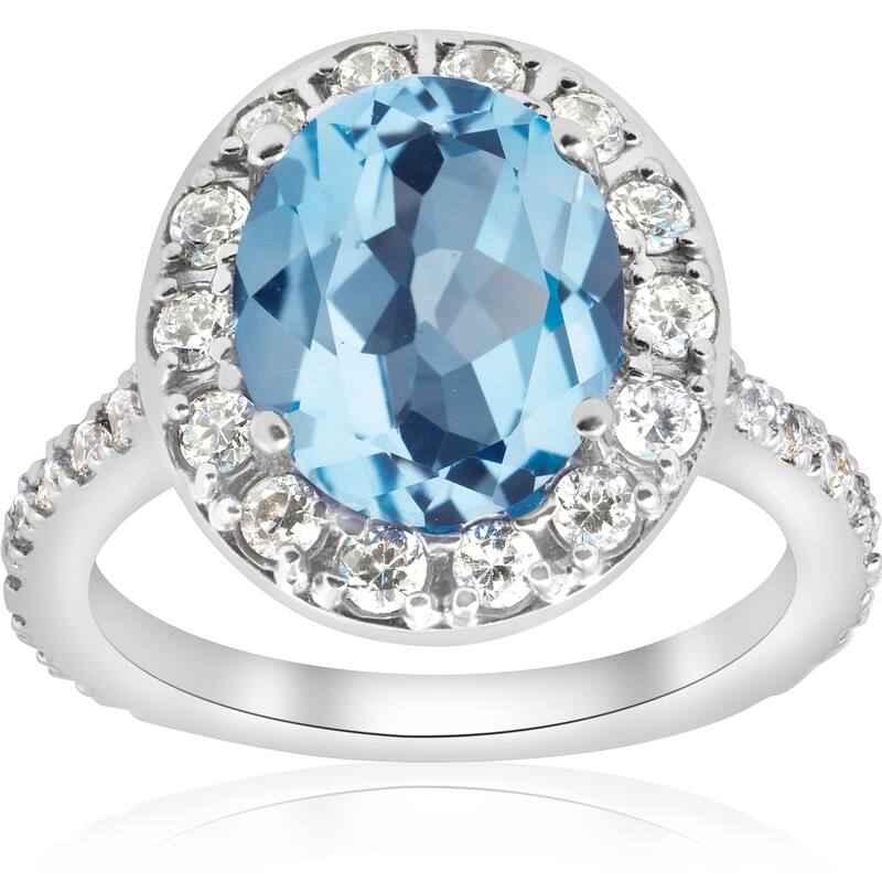 14k White Gold 4 cttw Blue Topaz Diamond Halo Vintage Ring Engagement (I-J,I2-I3)