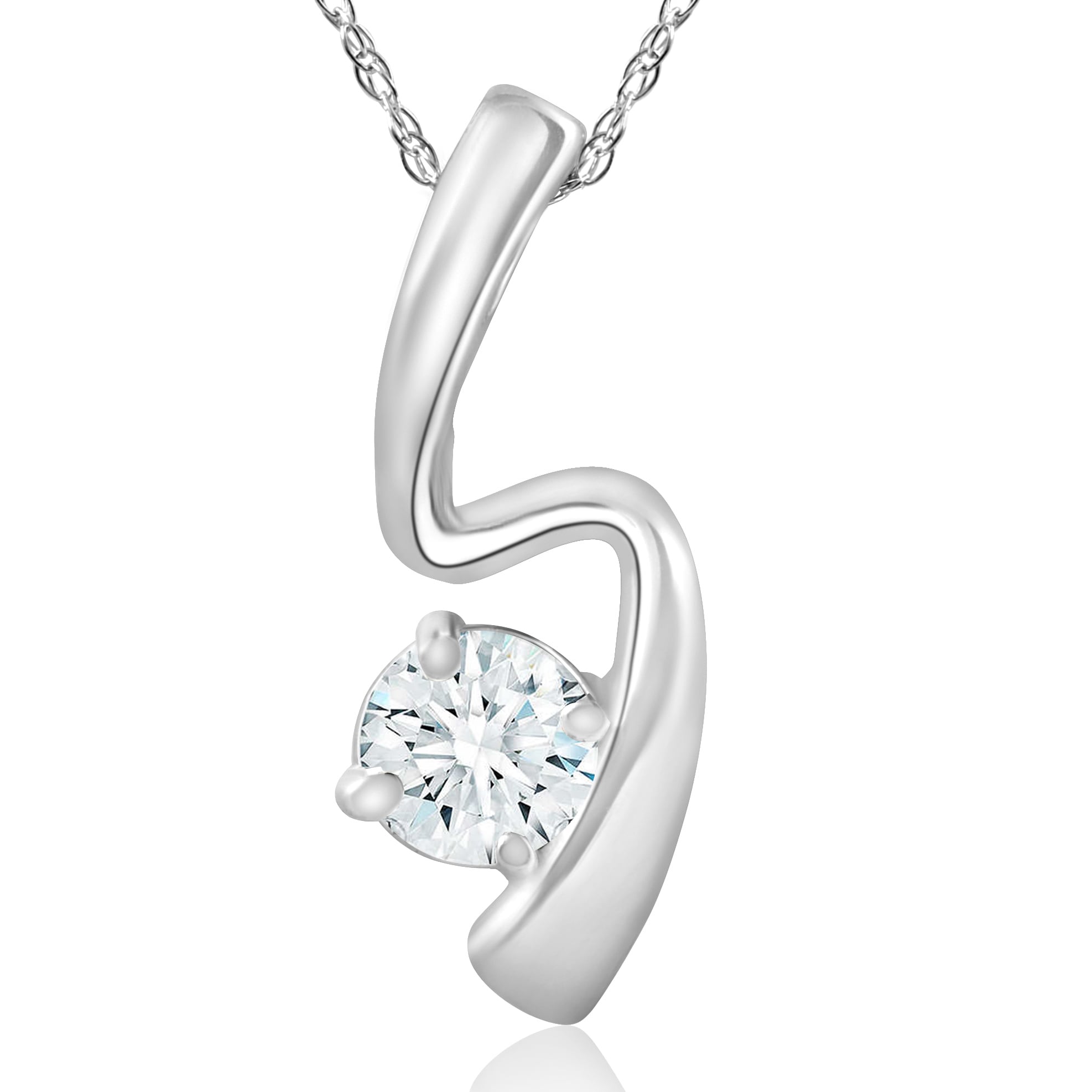 Bliss Diamond 14k White Gold 1/2 ct TDW Solitaire Round Diamond Curve Pendant & 18" Chain (I-J, I2-I3)