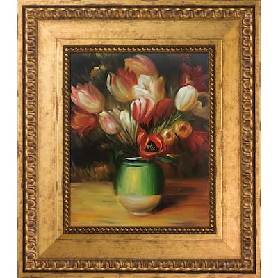 La Pastiche Pierre-Auguste Renoir 'Tulips in a Vase' Hand Painted Framed Oil Reproduction on Canvas