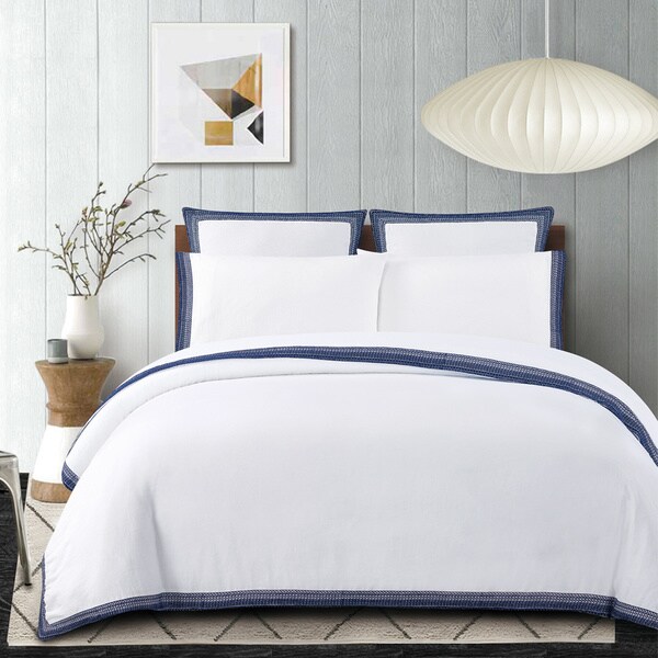 Echelon Home Sofia Embroidered Belgian Linen Sheet Set, Blue