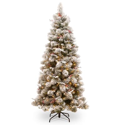 National Tree Company 7.5 ft. Snowy Bedford Green Metal and Plastic Slim Pine Tree With Clear Lights - 7.5 Foot