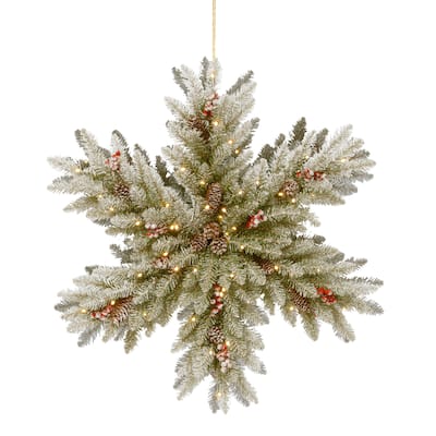 National Tree Company 32 in. Snowy Dunhill Fir Double-sided Snowflake with LED Lights - Green - 32 in