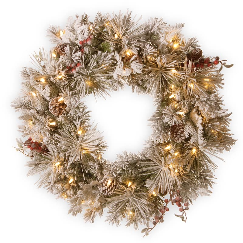 30" Snowy Bedford Pine Wreath with Battery Operated LED Lights
