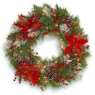 30" Decorative Collection Tartan Plaid Wreath with Battery Operated Warm White LED Lights