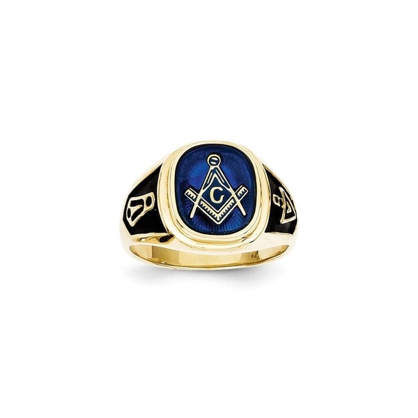 Versil 10 Karat Yellow Gold Blue Acrylic Mens Masonic Ring