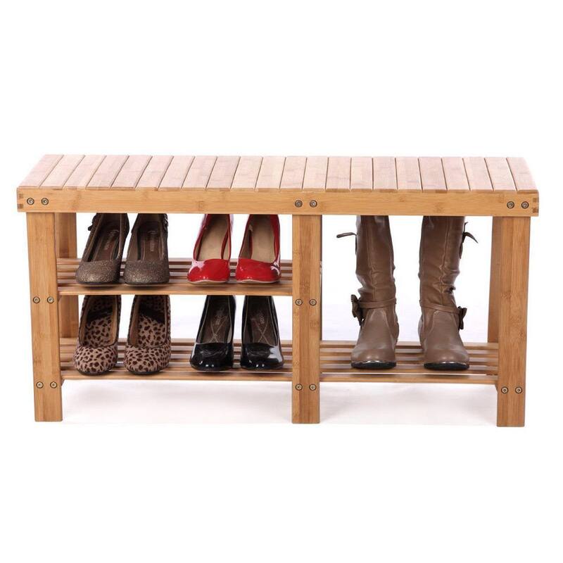Slatted Bamboo 3-tier Stool Shoe Rack Wood Color