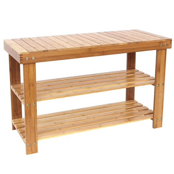 Shop 90cm Strip Pattern 3 Tiers Bamboo Stool Shoe Rack Wood Color