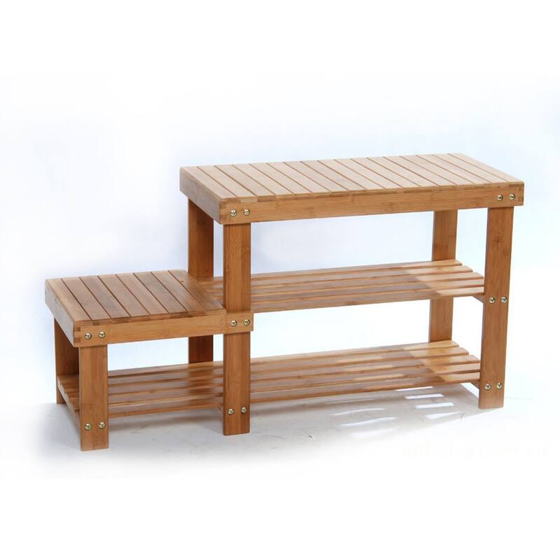Slatted Bamboo 3-tier Stool Shoe Rack Wood Color