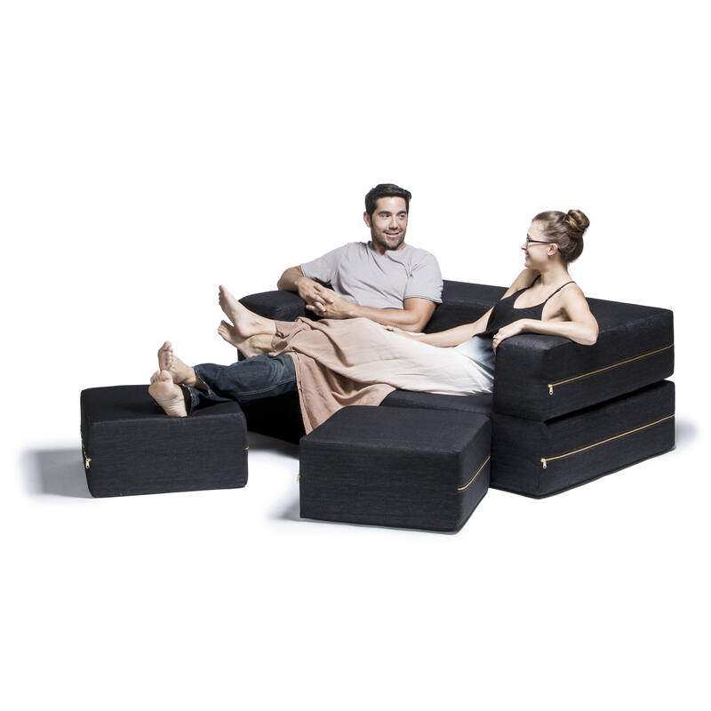 Jaxx Denim Zipline Modular Sleeper Loveseat and Ottomans Set