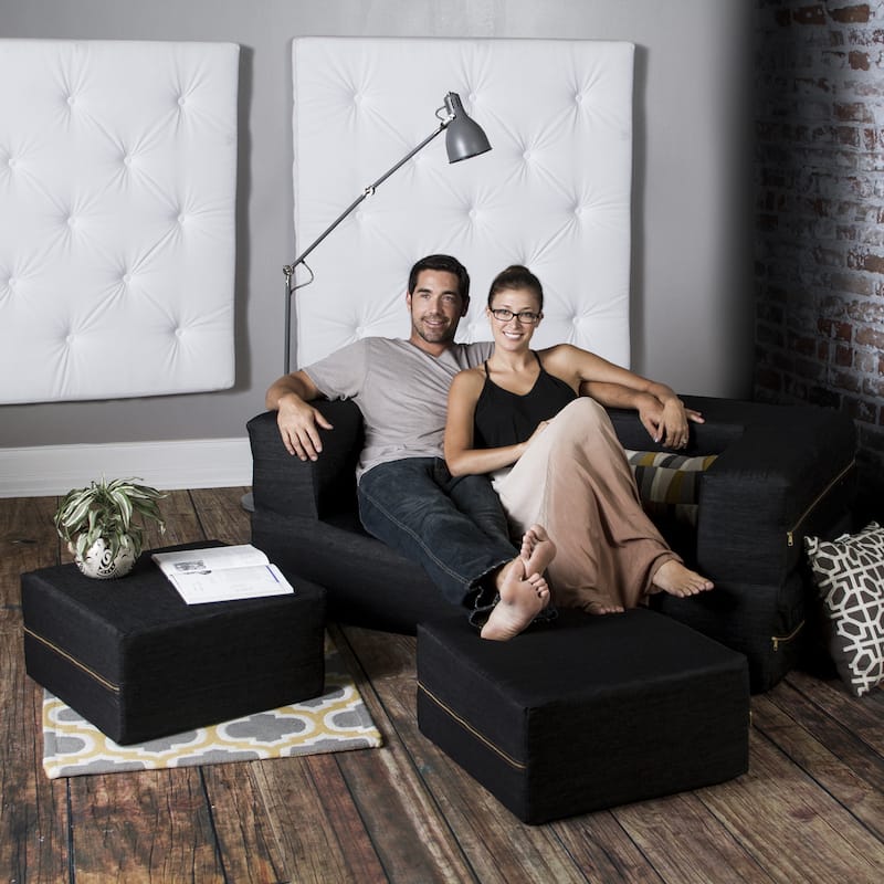 Jaxx Denim Zipline Modular Sleeper Loveseat and Ottomans Set