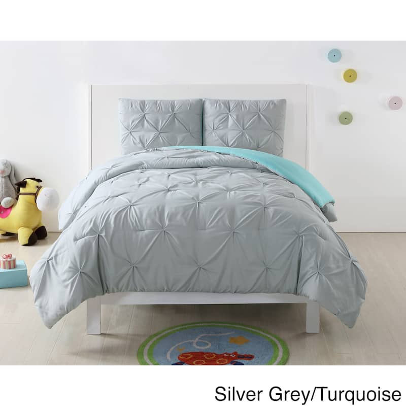 My World Pinch Pleat Solid Reversible Comforter Set - Grey/Blue - Full - Queen