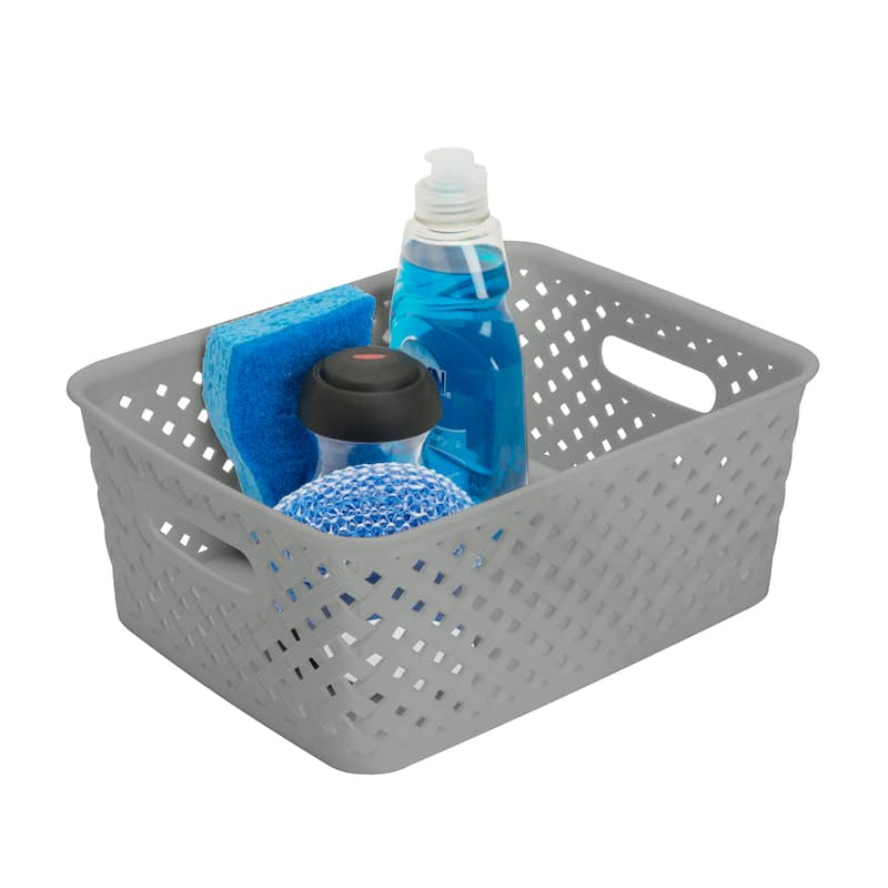 Simplify Grey Resin Wicker Small Storage Bin - 14"x11.5"x5.15"