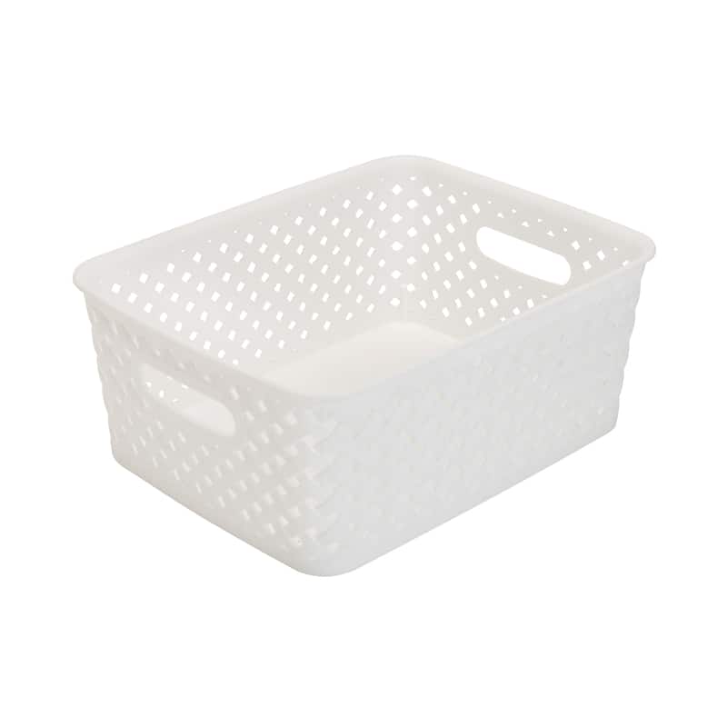 Simplify Small White Resin Wicker Storage Bin - 10"x8"x4"
