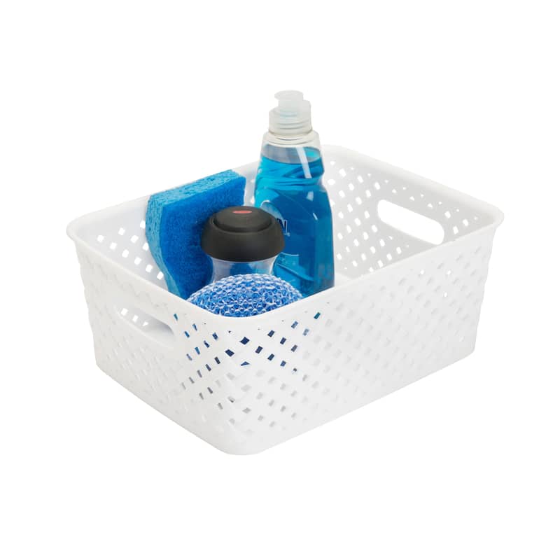 Simplify Small White Resin Wicker Storage Bin - 10"x8"x4"