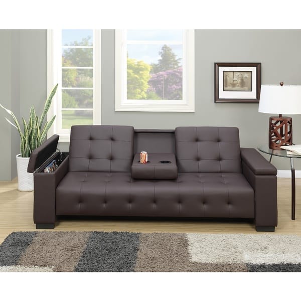 Cortez Brown Faux Leather Button Tufted Adjustable Storage Sleeper Sofa