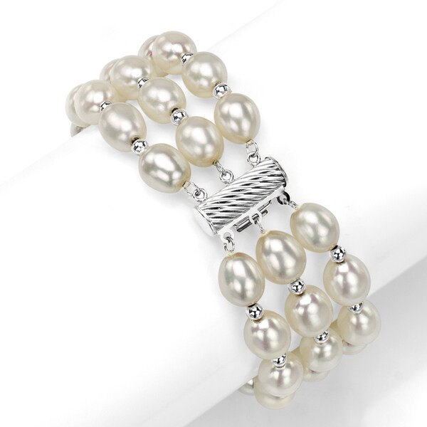 14K Yellow Gold Tin Cup Bracelet With Cultured Freshwater Pearls 7-8.5 Inch
