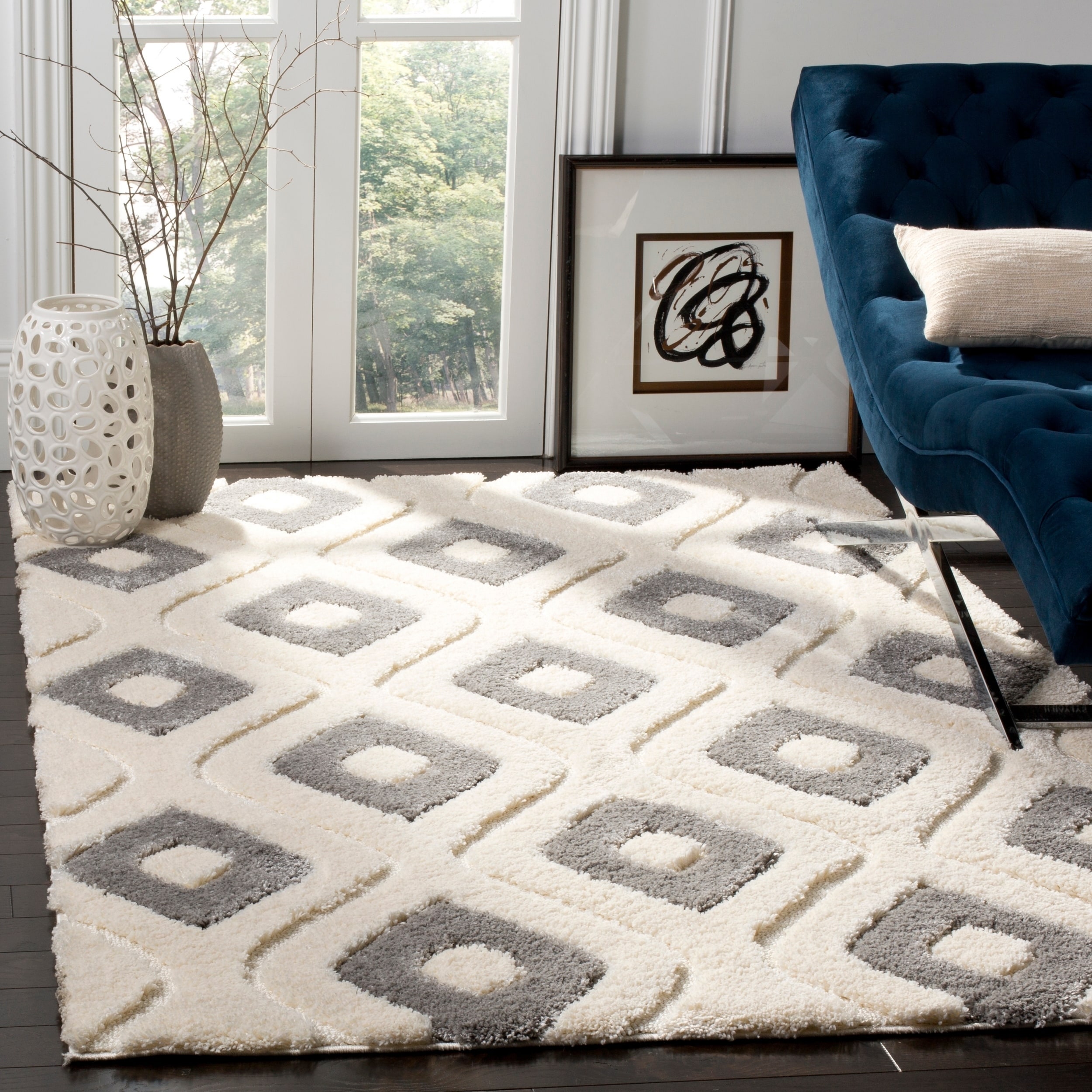 Shop Safavieh Olympia Shag Geometric Polyester Cream/ Grey Area Rug - 4