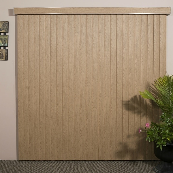 Pecan Woodlook Vinyl Vertical Blind, 72" L x 36" to 98" W, CORDLESS. Opens flyout.