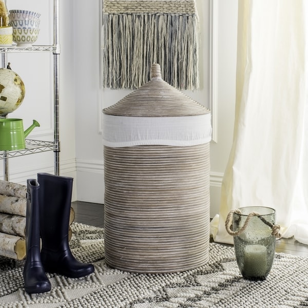 Safavieh Wellington Rattan White Wash Storage Hamper With Liner - 19.5" x 19.5" x 33.1"