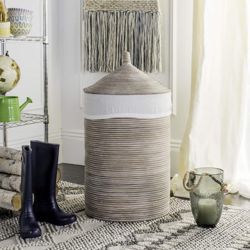 SAFAVIEH Wellington Rattan White Wash Storage Hamper With Liner - 19.5" x 19.5" x 33.1"