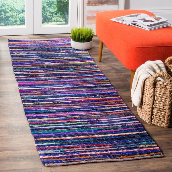 Safavieh Rag Rug Transitional Stripe Hand-Woven Cotton Blue/ Multi Runner Rug - 2'3 x 9'
