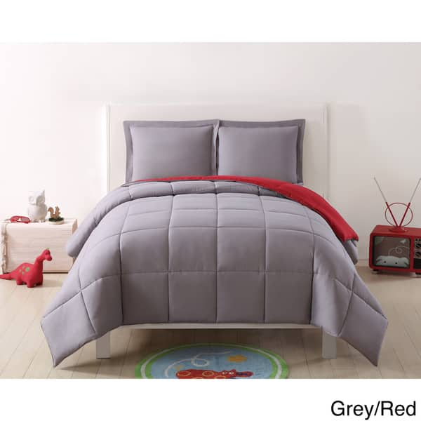 slide 2 of 14, My World Solid Reversible 3-piece Comforter Set Grey/Red - Full - Queen