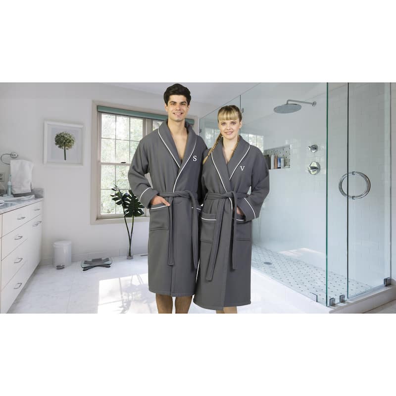 Authentic Hotel and Spa Dark Grey Unisex Turkish Cotton Waffle Weave Terry Bath Robe with White Block Monogram