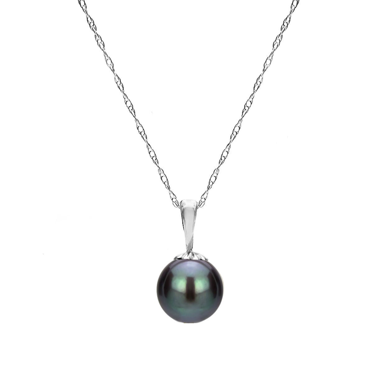 DaVonna 14k White Gold Black Round Freshwater Pearl Necklace Chain Pendant 18