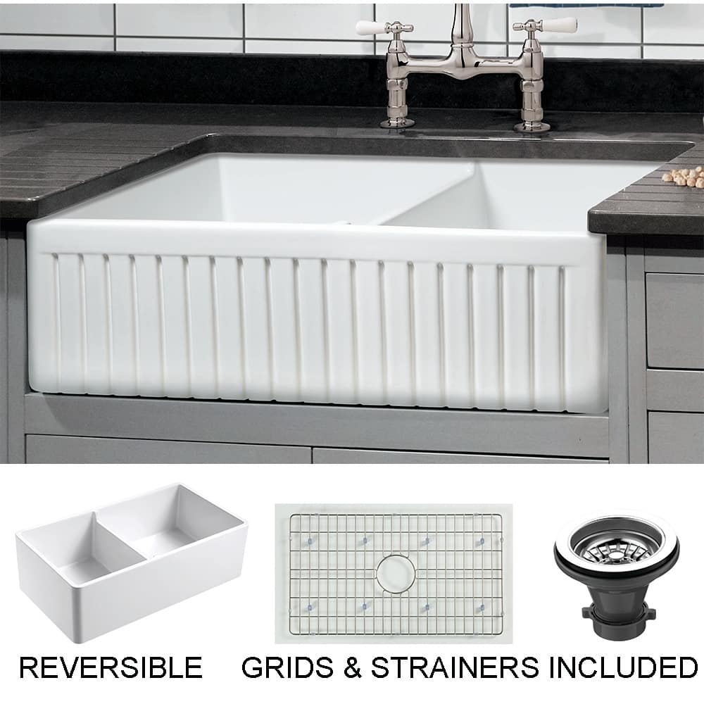 Sutton Place Fireclay 33" L x 18" W Double Bowl Farmhouse Kitchen Sink with Grid & Strainer In White