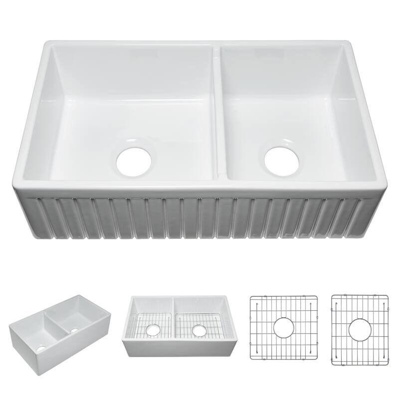 Sutton Place Fireclay 33" L x 18" W Double Bowl Farmhouse Kitchen Sink with Grid & Strainer In White