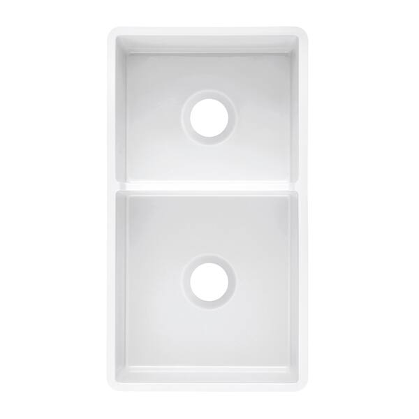 Sutton Place Farmhouse Fireclay 33 in. 55/45 Double Bowl Kitchen Sink with Grid with Grid and Strainer