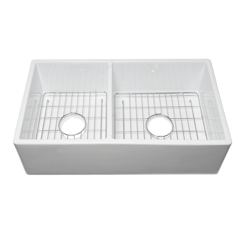 Sutton Place Fireclay 33" L x 18" W Double Bowl Farmhouse Kitchen Sink with Grid & Strainer In White
