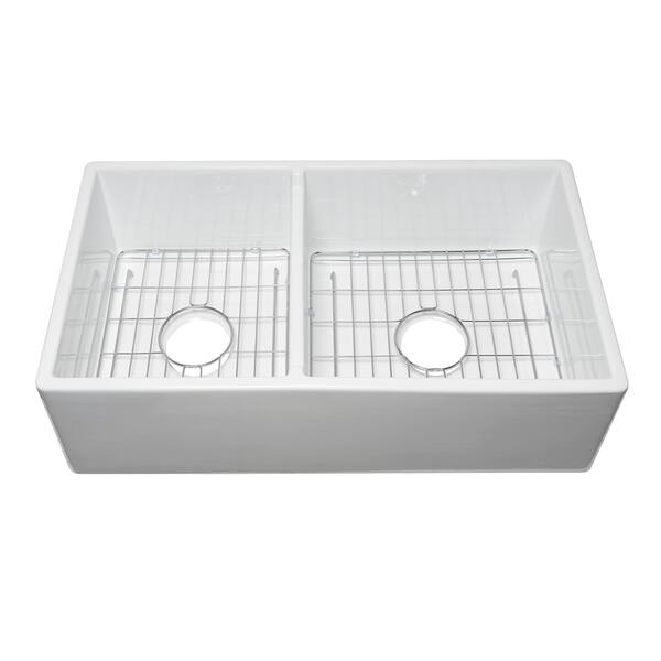 Sutton Place Farmhouse Fireclay 33 in. 55/45 Double Bowl Kitchen Sink with Grid with Grid and Strainer