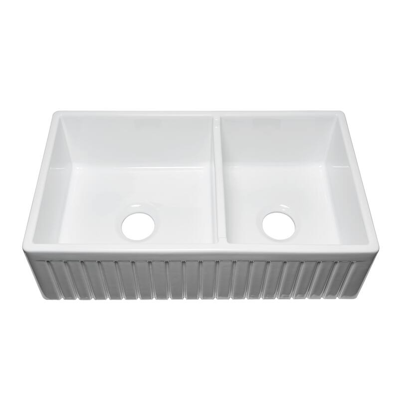 Sutton Place Fireclay 33" L x 18" W Double Bowl Farmhouse Kitchen Sink with Grid & Strainer In White