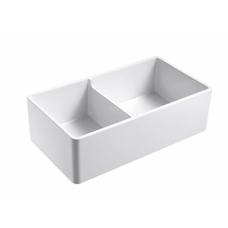 Sutton Place Fireclay 33" L x 18" W Double Bowl Farmhouse Kitchen Sink with Grid & Strainer In White