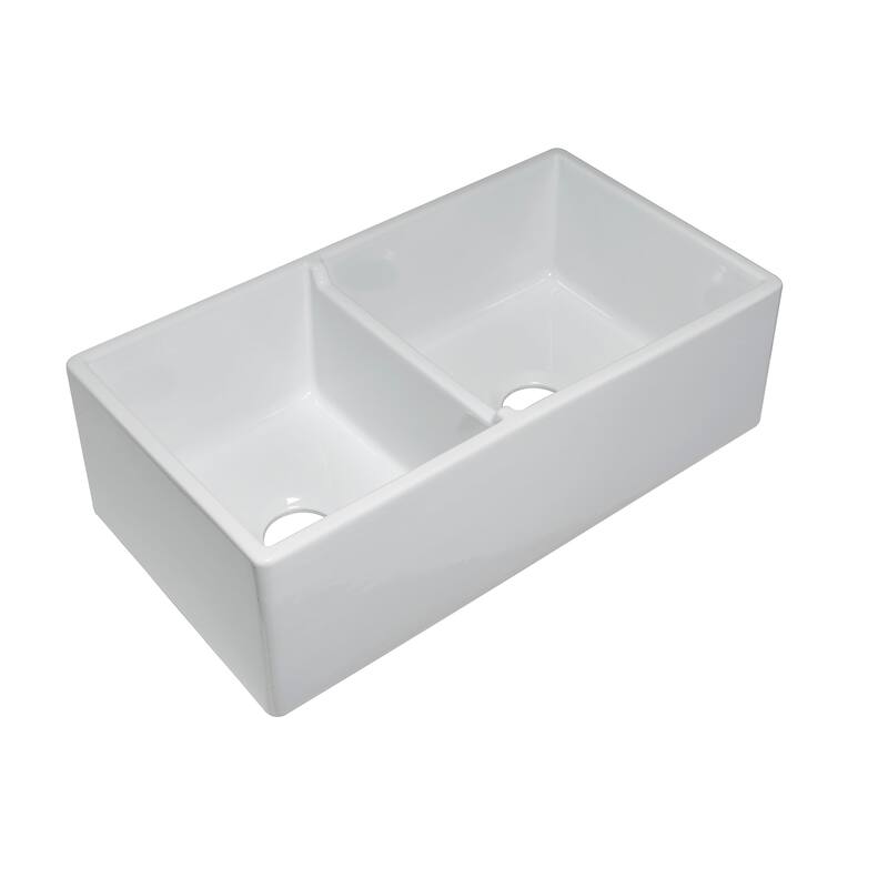 Sutton Place Fireclay 33" L x 18" W Double Bowl Farmhouse Kitchen Sink with Grid & Strainer In White