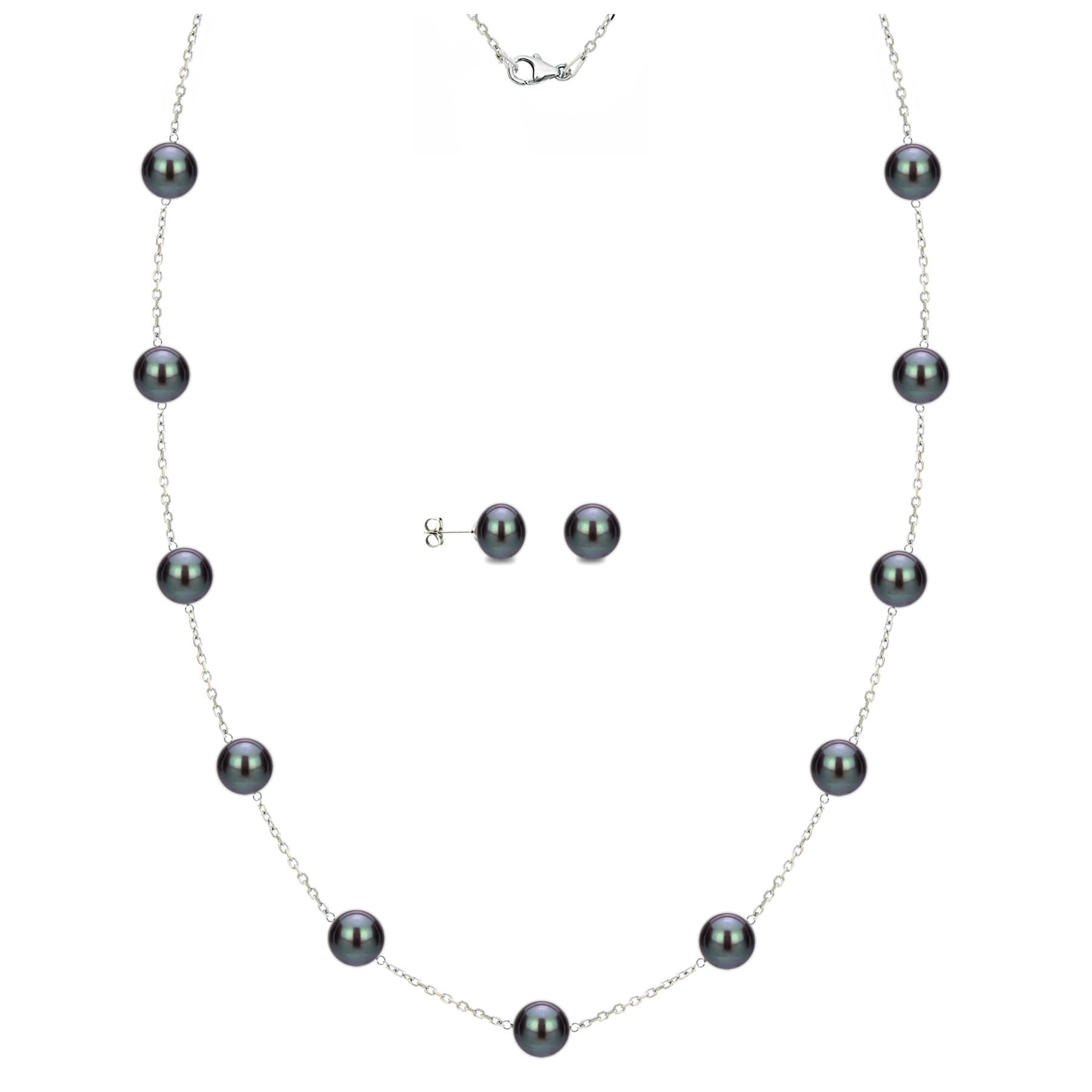 DaVonna Sterling Silver 7-8mm Black Freshwater Pearl Tin-cup Station Necklace and Stud Earrings Set