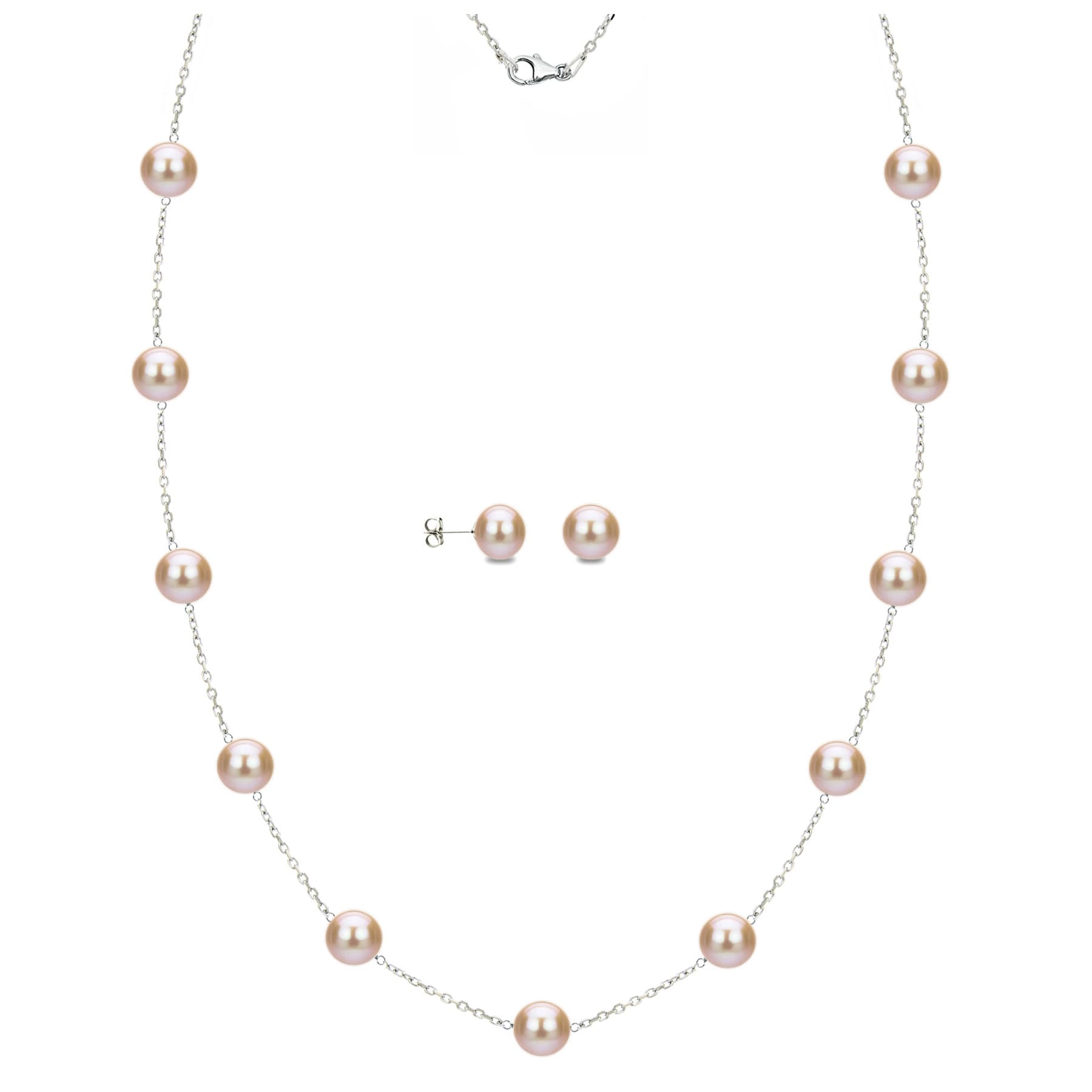 DaVonna Sterling Silver 7-8mm Pink Freshwater Pearl Tin-cup Station Necklace and Stud Earrings Set