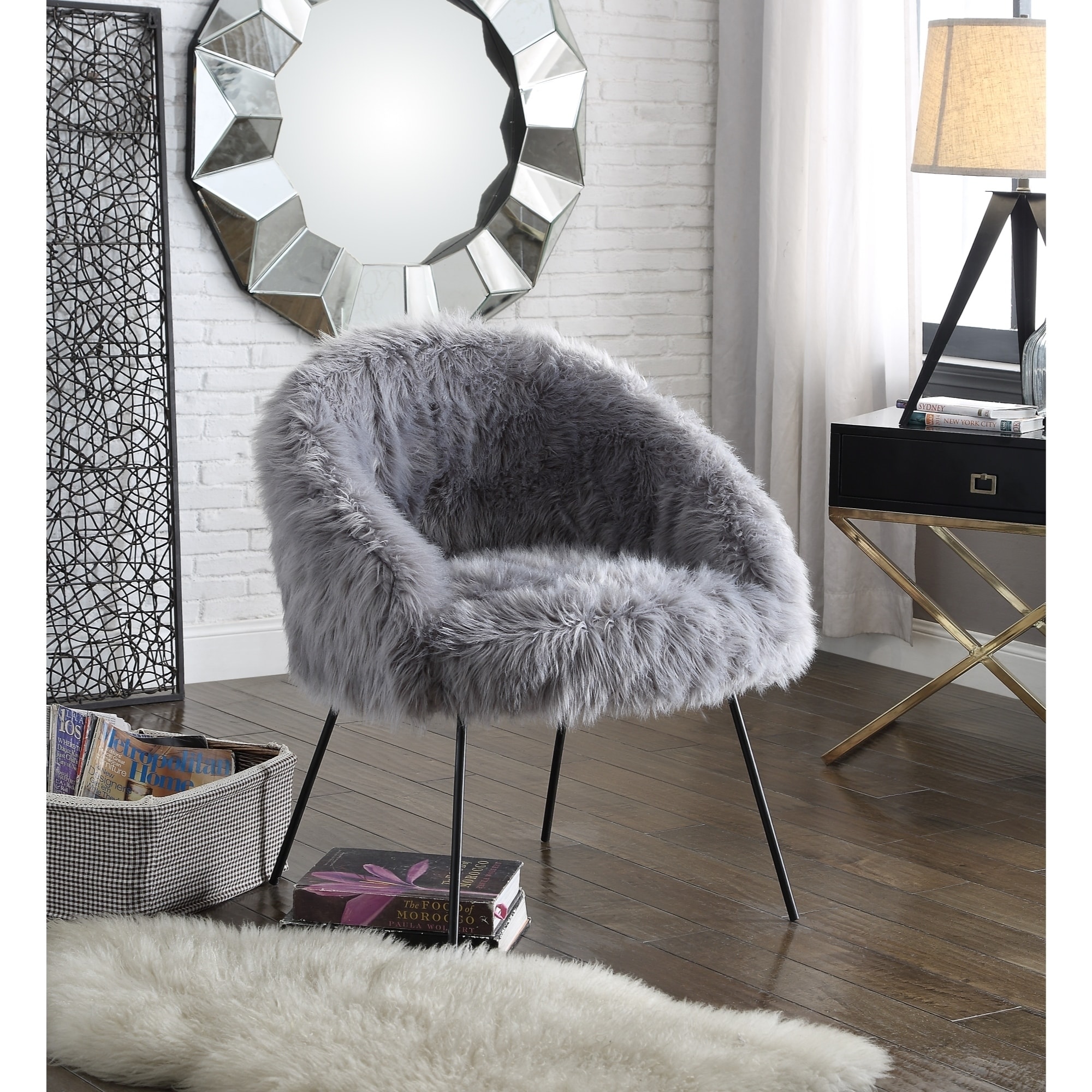 white fur chair with silver legs